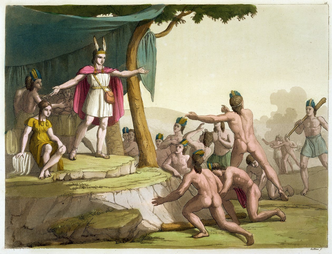 Kuningas Manco Capac ja kuningatar Coya Mama vastaanottamassa kunnianosoitusta Jules Ferrarion Le Costume Ancien et Modernen osasta I, levy 16, julkaistu noin 1820-30-luvulla (värikaiverrus) tekijältä Gallo Gallina