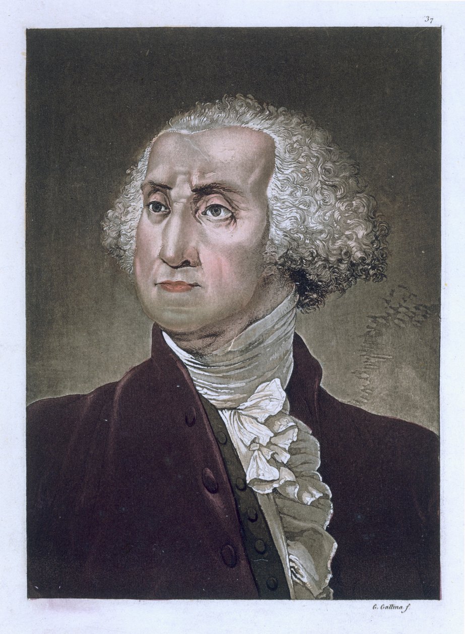 Muotokuva George Washingtonista Jules Ferrarion "Ancient and Modern Costume" -sarjasta, n. 1820 tekijältä Gallo Gallina
