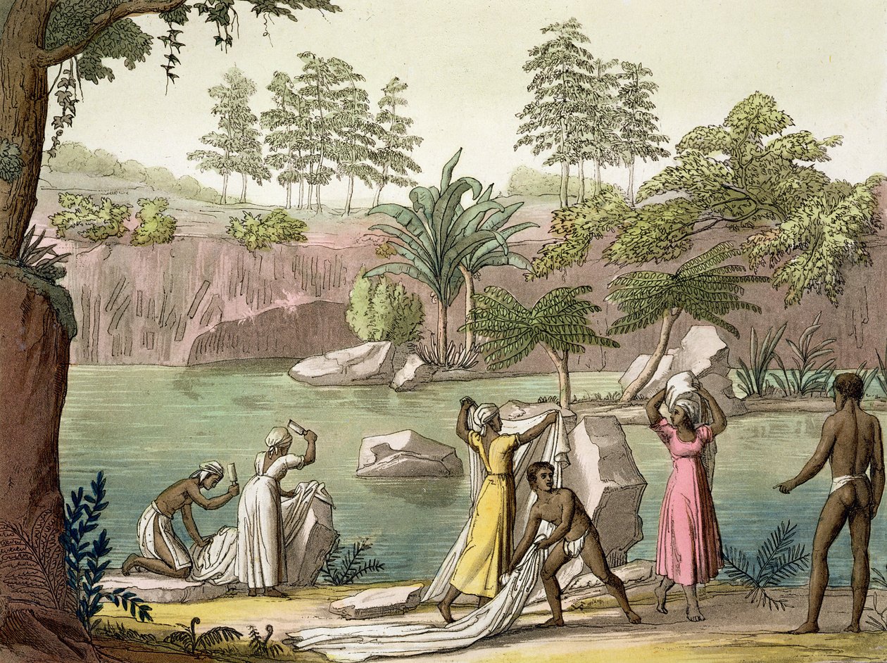 Joki lähellä San Benedettoa, Madagaskar, levy 81 Jules Ferrarion teoksesta "Le Costume Ancien et Moderne", julkaistu noin 1820-30-luvulla tekijältä Gallo Gallina