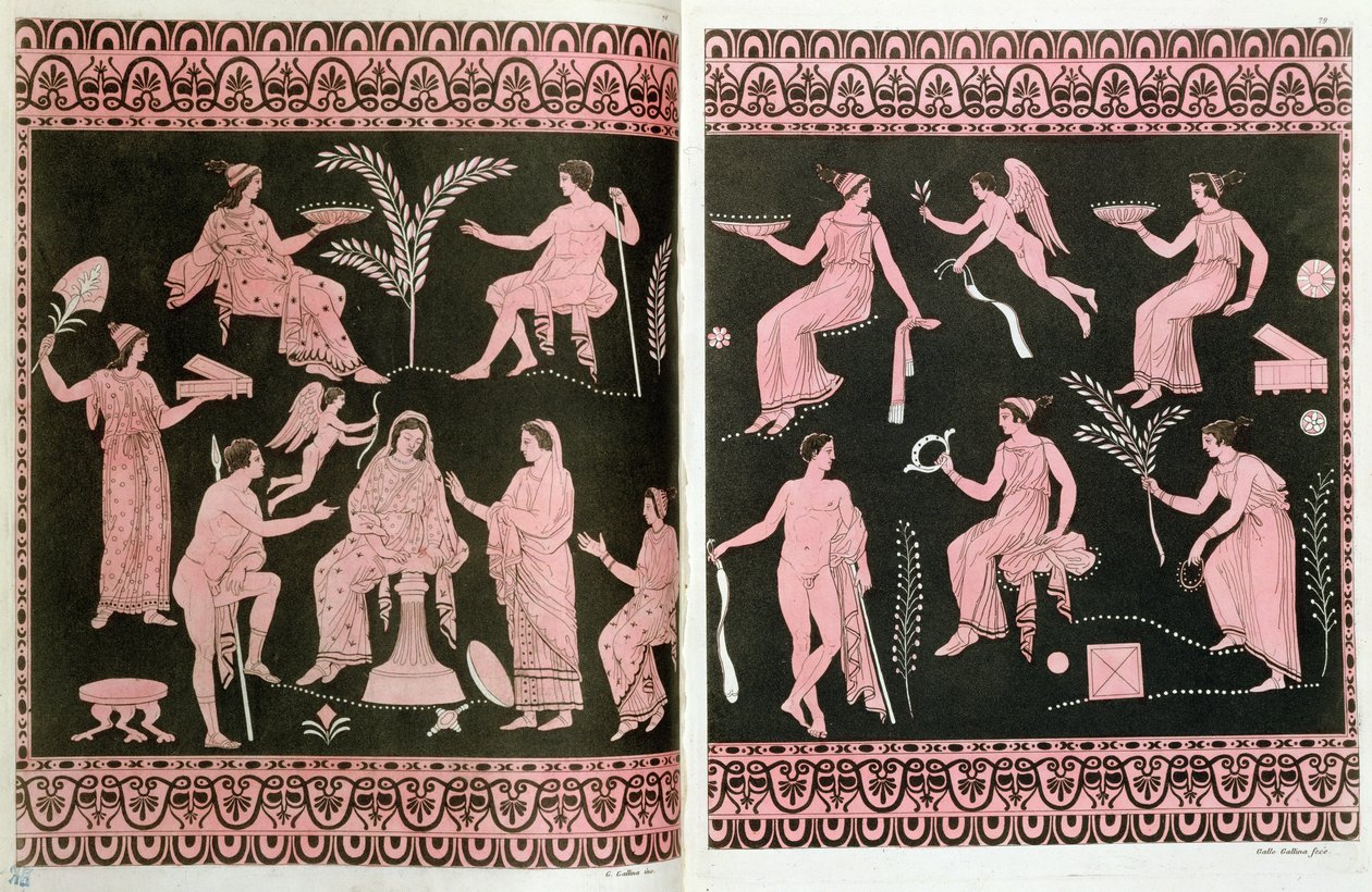 Eleusinlaisten mysteerien initiaatiokohtaus kreikkalaisten antiikkimaljakoiden jälkeen, J. Ferrarion teoksesta "Le Costume Ancien et Moderne", Milano, 1819 (värikaiverrus) tekijältä Gallo Gallina