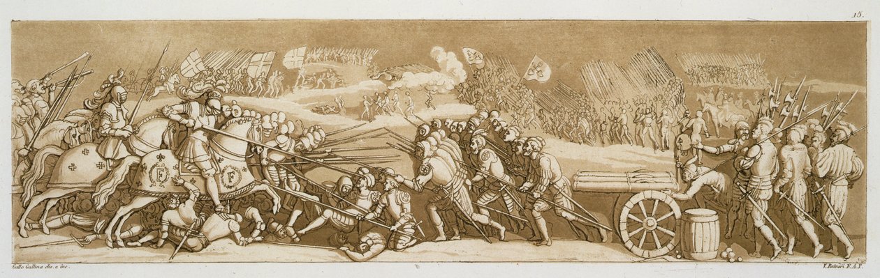 Melegnanon taistelu, 1515, levy 15 Jules Ferrarion teoksesta "Le Costume Ancien et Moderne", kaiverrettu Vittorio Raineri, julkaistu noin 1820-30-luvulla tekijältä Gallo Gallina