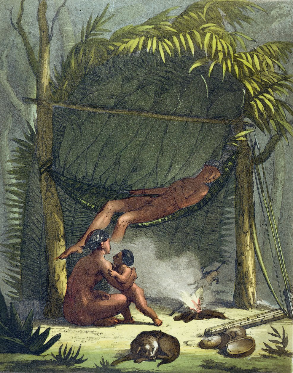 Näkymä Puri-mökistä Brasiliassa, n. 1820 tekijältä Gallo Gallina