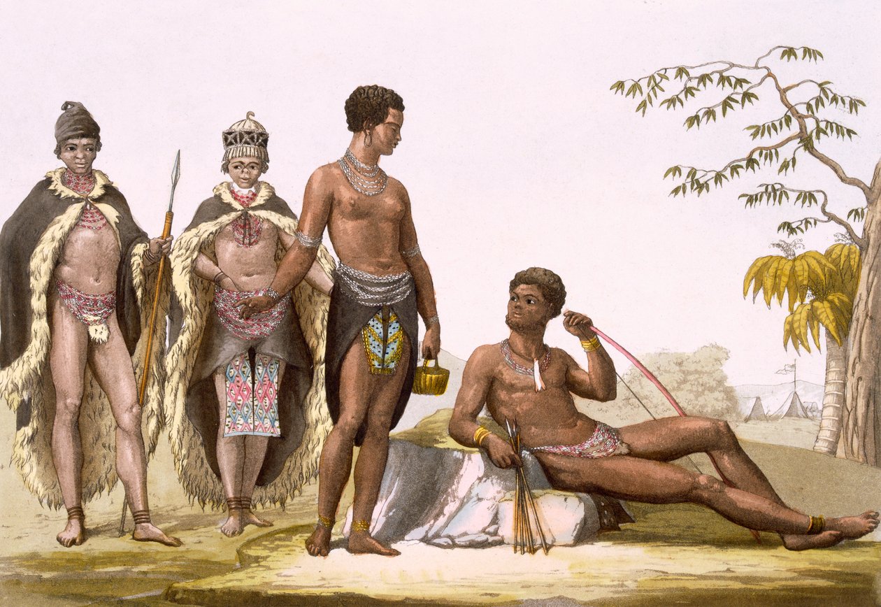 Vol II Pl. 57 Kapin Gonqui hottentottia "jonka iho on vaaleampi kuin muilla hottentoteilla, ja heidän nenänsä on vähemmän litteä ja he ovat pidempiä", "Le Costume Ancien et Moderne" n. 1820-39 tekijältä Gallo Gallina