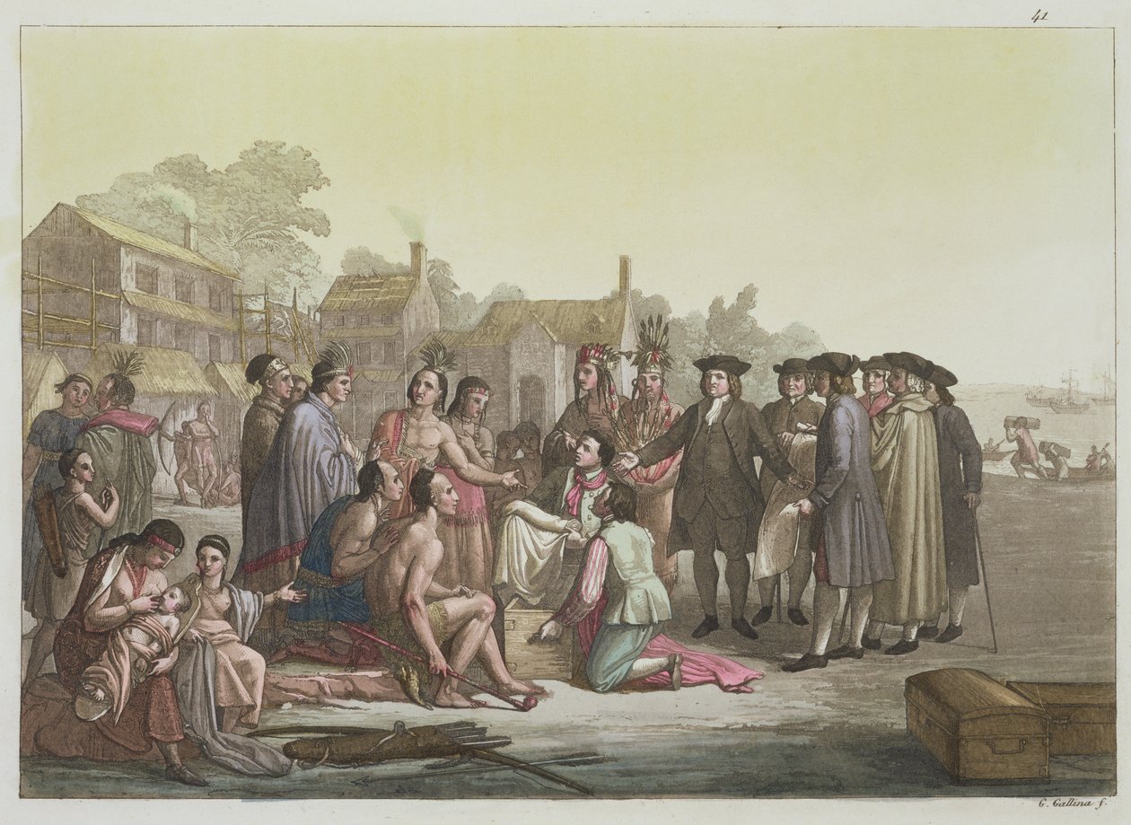 William Penn neuvottelee Pennsylvanian perustamiseen johtavasta sopimuksesta Jules Ferrarion teoksesta "Le Costume Ancien et Moderne", osa I, levy 41, julkaistu noin 1820-30-luvulla (värikaiverrus) tekijältä Gallo Gallina