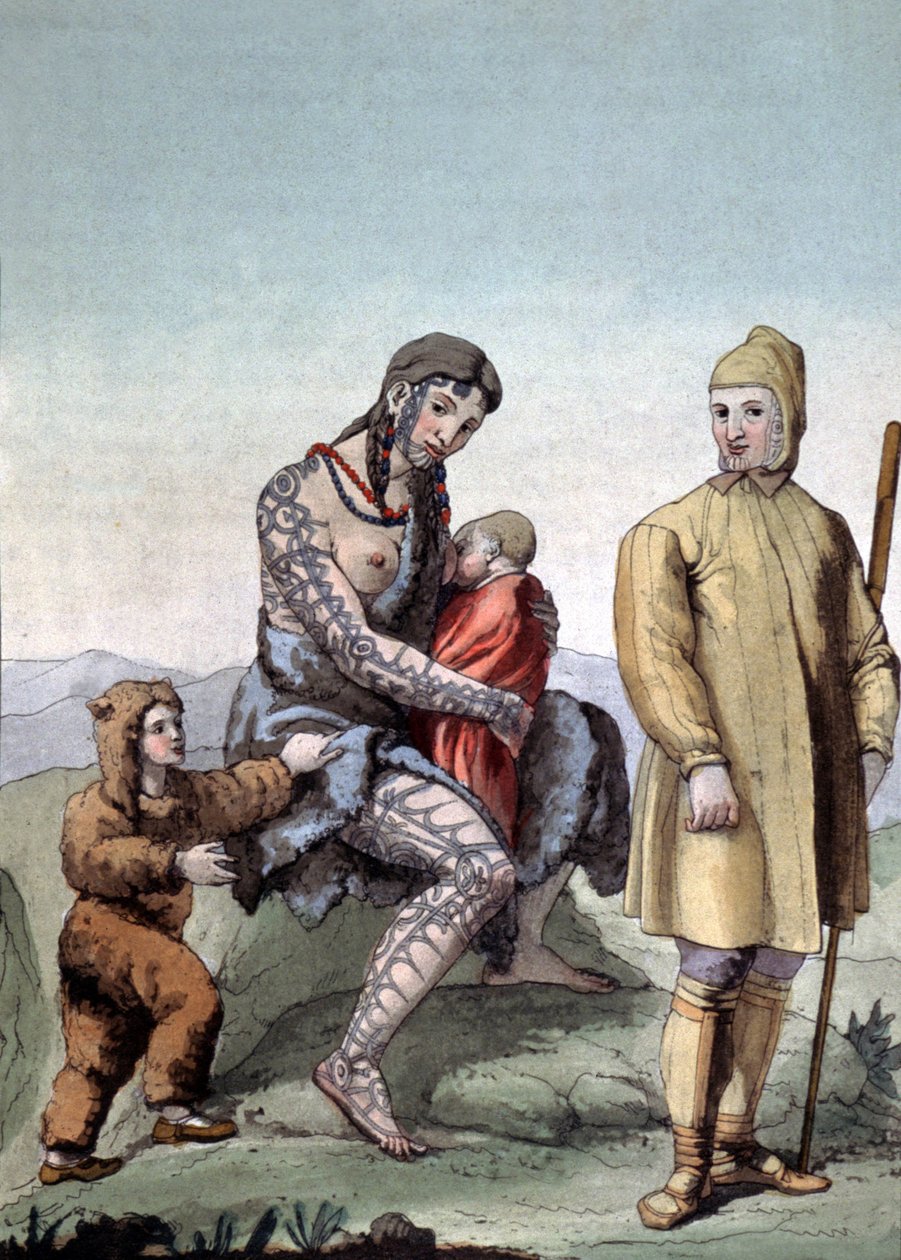 Tšuktšiperhe, noin 1810 (kaiverrus) tekijältä Gallo Gallina