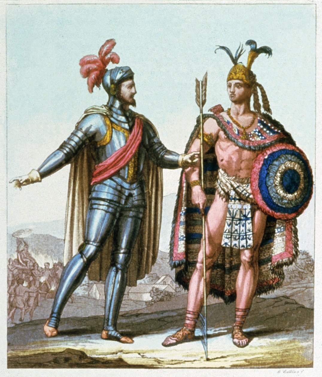 Hernan Cortes tapasi Montezuma II:n vuonna 1519 tekijältä Gallo Gallina