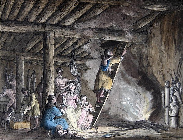 Jurtan sisustus Kamtšatkassa, kuvitus Jules Ferrarion teoksesta "Le Costume Ancien et Moderne", julkaistu Milanossa n. 1820-30-luvulla (värikaiverrus) tekijältä Gallo Gallina