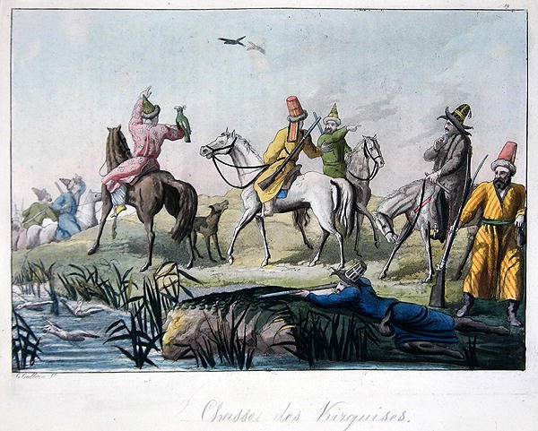 Kirgisianmetsästäjät ampuvat ja metsästävät haukoilla, kuvitus Jules Ferrarion "Le Costume Ancien et Moderne" -julkaisusta, julkaistu Milanossa n. 1820-30-luvuilla (värikaiverrus) tekijältä Gallo Gallina