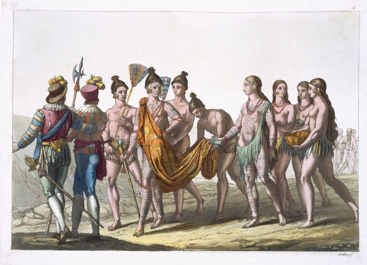 Native American Widows lähestyy päällikköään saadakseen lupa mennä uudelleen naimisiin, levy 57 Jules Ferrarion "Le Costume Ancien et Moderne", julkaistu noin 1820-30-luvulla tekijältä Gallo Gallina