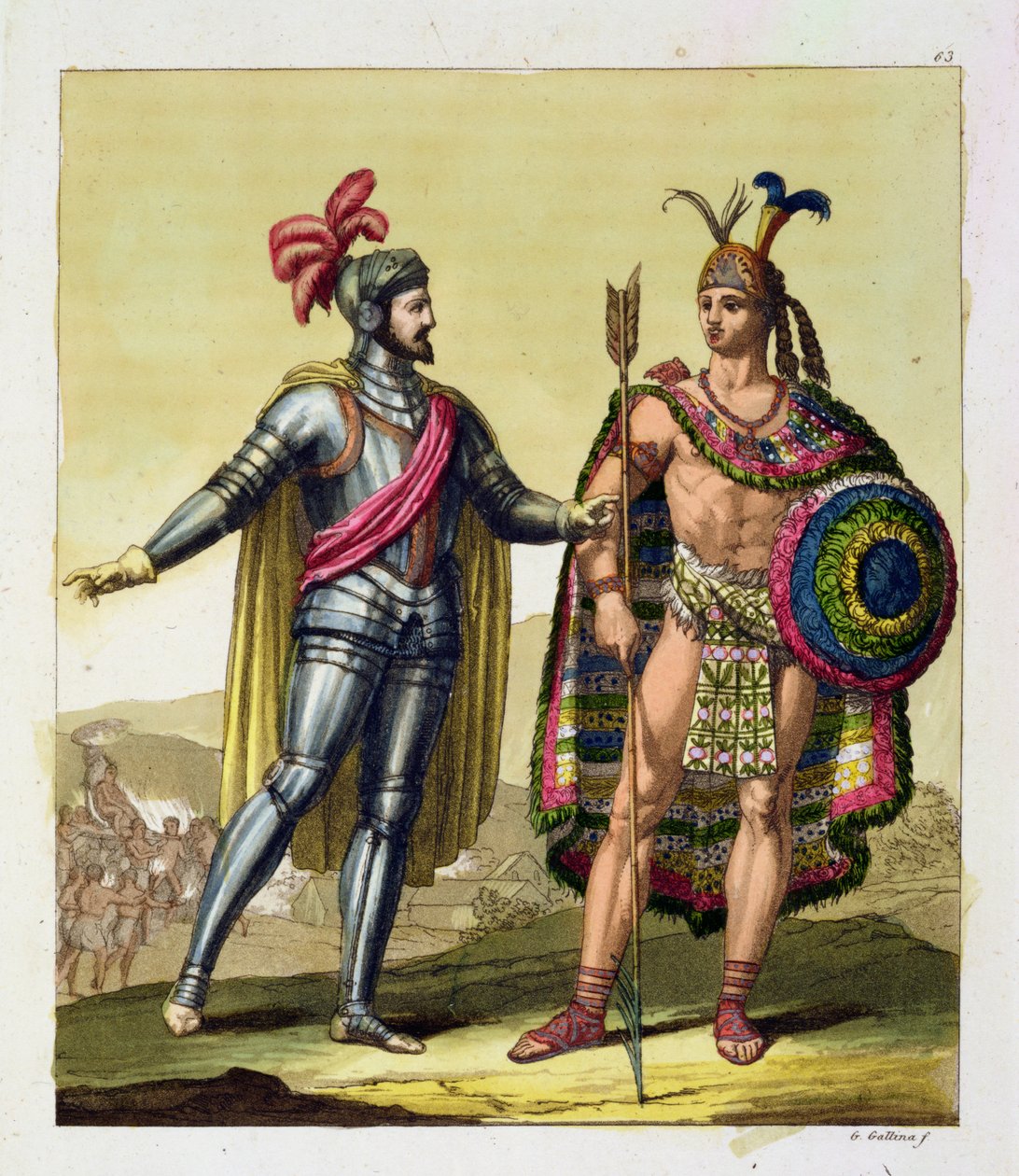 Hernando Cortesin (1485-1547) ja Montezuma II:n (1466-1520) kohtaaminen, Jules Ferrarion teoksesta "Le Costume Ancien et Moderne", osa I, levy 63, julkaistu noin 1820-30-luvulla (värikaiverrus) tekijältä Gallo Gallina