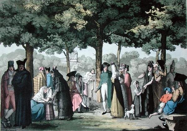 Barcelonan Ramblas, Jules Ferrarion teoksesta "Le Costume Ancien et Moderne", n. 1820 (värilitho) tekijältä Gallo Gallina