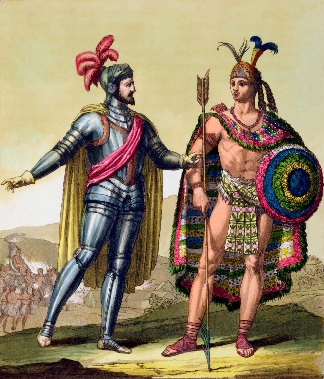Hernando Cortesin ja Montezuma II:n kohtaaminen, Meksiko, 1519 c1820-1839 tekijältä Gallo Gallina