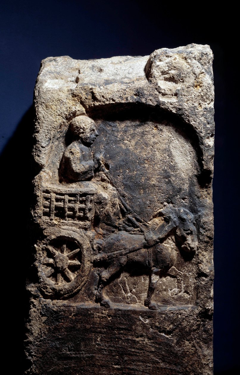 Art Gallo Romain: steele, joka esittää miestä hevoskärryssä valjastettuna. 50 eKr.-100 jKr. Metz. Kuvataidemuseo tekijältä Gallo Roman