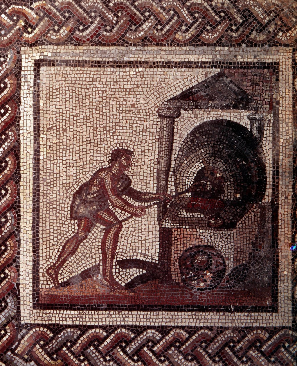 Gallo Roman Art: mosaiikkipäällyste, joka edustaa maalaismaista kalenteria. Leivän valmistus kohtaus. 2. vuosisadan loppu, 3. vuosisadan alku JC:n jälkeen. Saint-Romain-en-Galista (Rhône). Saint Germain en Laye, kansallinen arkeologinen museo tekijältä Gallo Roman