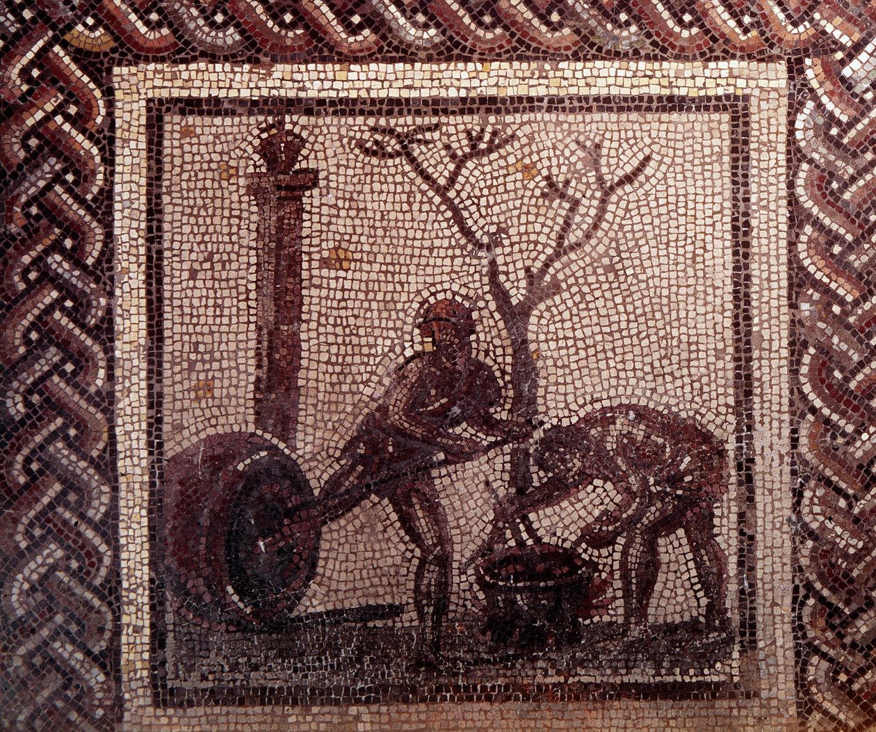 Gallo Roman Art: mosaiikkipäällyste, joka edustaa maalaismaista kalenteria. Jar pottering kohtaus. 2. vuosisadan loppu, 3. vuosisadan alku JC:n jälkeen. Saint-Romain-en-Galista (Rhône). Saint Germain en Laye, kansallinen arkeologinen museo tekijältä Gallo Roman