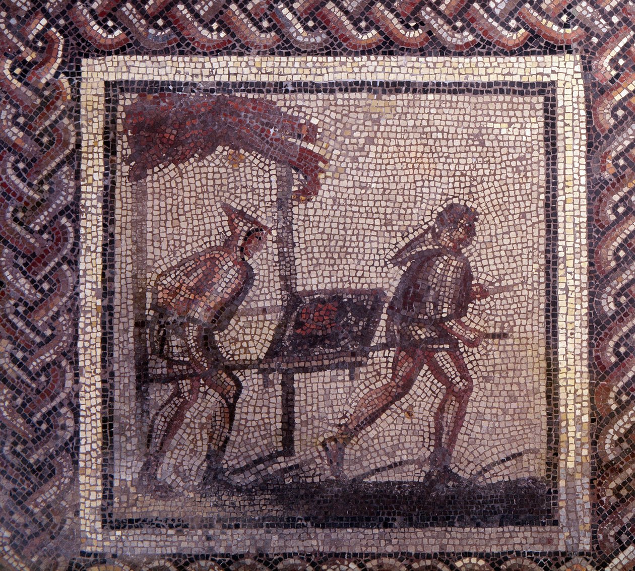 Gallo Roman Art: mosaiikkipäällyste, joka edustaa maalaismaista kalenteria. Lannankuljetuspaikka. 2. vuosisadan loppu, 3. vuosisadan alku JC:n jälkeen. Saint-Romain-en-Galista (Saint Romain en Gal, Rhône). Saint Germain en Laye, kansallinen arkeologinen mu tekijältä Gallo Roman
