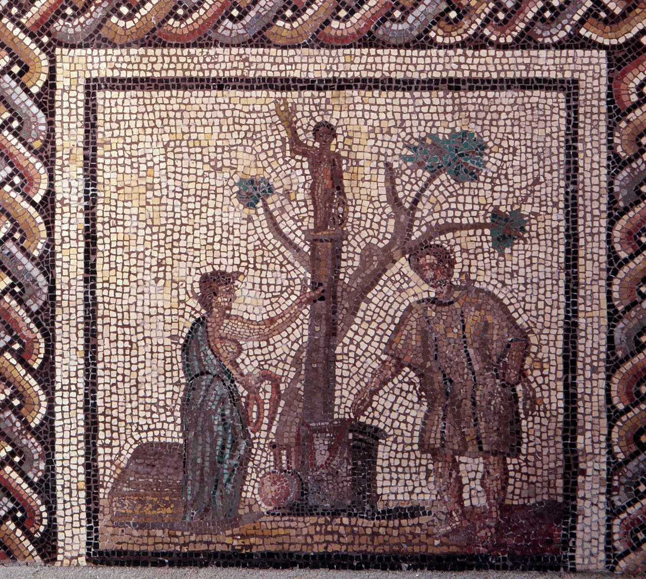 Gallo Roman Art: mosaiikkipäällyste, joka edustaa maalaismaista kalenteria. Uhrauskohtaus Ceresissä ja Apollossa. 2. vuosisadan loppu, 3. vuosisadan alku JC:n jälkeen. Saint-Romain-en-Galista (Rhône). Saint Germain en Laye, kansallinen arkeologinen museo tekijältä Gallo Roman