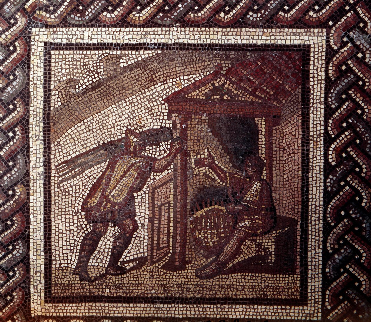 Gallo Roman Art: mosaiikkipäällyste, joka edustaa maalaismaista kalenteria. Pajutyö- ja punontakorit. 2. vuosisadan loppu, 3. vuosisadan alku JC:n jälkeen. Saint-Romain-en-Galista (Rhône). Saint Germain en Laye, kansallinen arkeologinen museo tekijältä Gallo Roman