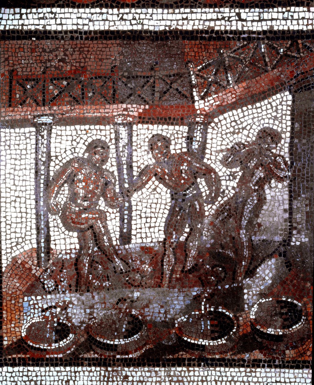 Kohtaus rypäleiden polkemisesta altaassa. (mosaiikki, 2. vuosisadan loppu, 3. vuosisadan alku) tekijältä Gallo Roman
