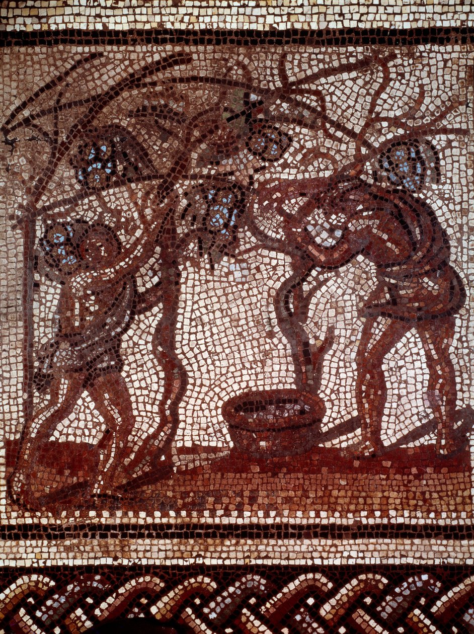 Galloromain art: syksy: omenoiden poiminta ja sadonkorjuu. Mosaiikkipäällyste, joka edustaa maalaismaista kalenteria Saint Romain en Galista. 2. vuosisadan alku - 3. vuosisadan alku. Saint Germain en Laye, antiikkimuseo tekijältä Gallo Roman Gallo Roman
