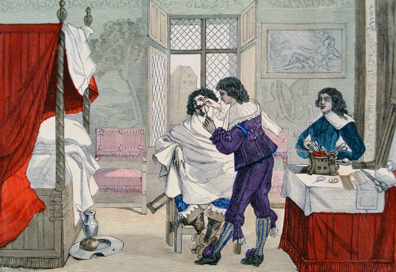 Parturi-kampaamon sisätiloja Ludvig XIII:n aikana (1601-43) teoksesta "Costumes de Paris a Travers les Siecles", toim. Roy, julkaistu 1887 (värikaiverrus). tekijältä Garcia