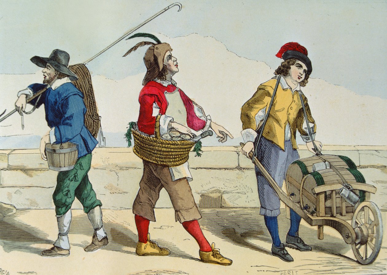 Well Cleaner, osterimyyjä ja etikanmyyjä Ludvig XIII:n (1601-43) aikaan, julkaisusta Costumes de Paris a Travers les Siecles, toim. Roy, julkaistu 1887 (värikaiverrus) tekijältä Garcia