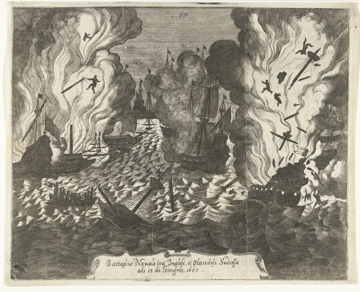 Lowestoftin taistelu 1665 Meritaistelu englantilaisten ja hollantilaisten välillä peräkkäin 13. kesäkuuta 1665 (otsikko esineessä) tekijältä Gaspar Bouttats (attributed to)