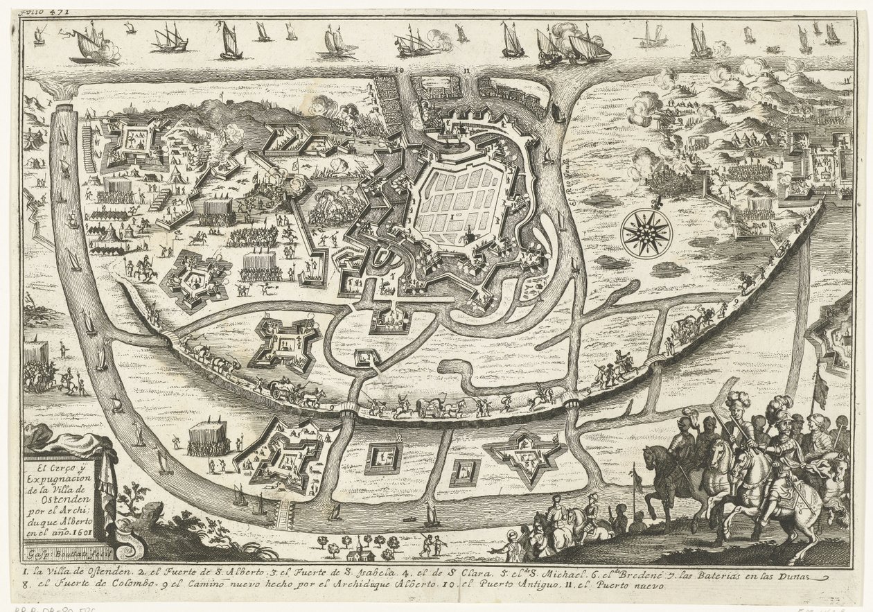 Beleg van Oostende, 1601 Arkkiherttua Alberton piiritys ja Oostenden huvilan tuhoaminen vuonna 1601 (otsikko esineessä) tekijältä Gaspar Bouttats