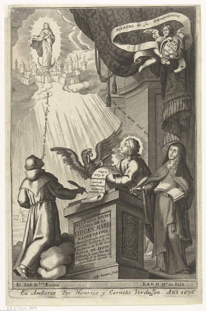 Neitsyt Maria on tempattu taivasten valtakuntaan Historia divina y vida de la Virgen maria (otsikko esineessä) tekijältä Gaspar Bouttats