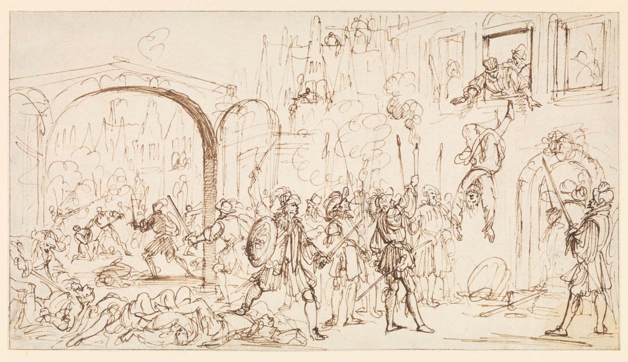 Pyhän Bartolomeuksen päivän verilöyly, n. 1686 (musta liitu, kynä ja ruskea muste levitetylle paperille, ruskeilla musteilla kehystettynä) tekijältä Gaspar Bouttats