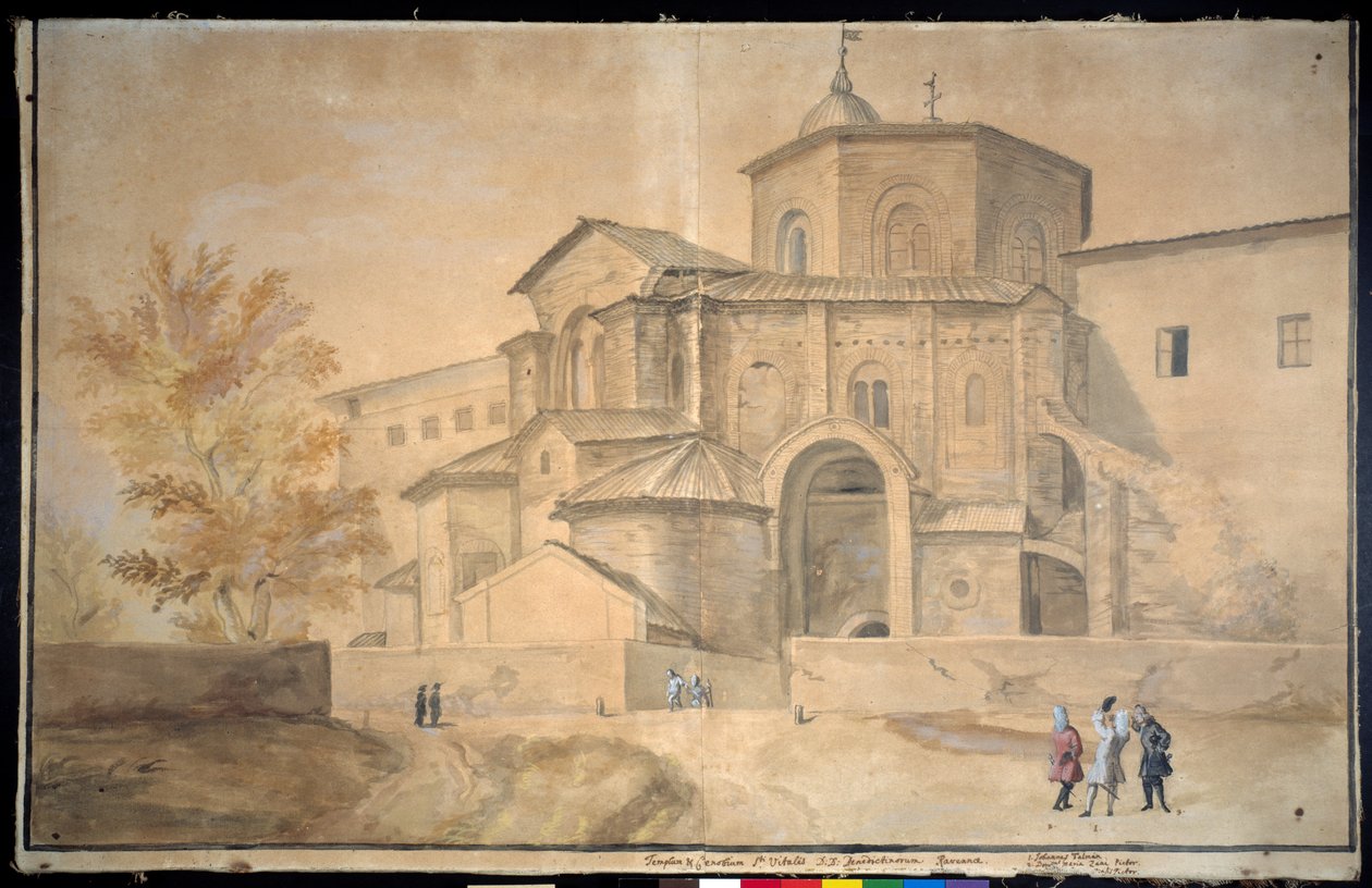 Basilica di San Vitale, Ravenna (kynä ja muste vesivärillä paperille) tekijältä Gaspar van Wittel