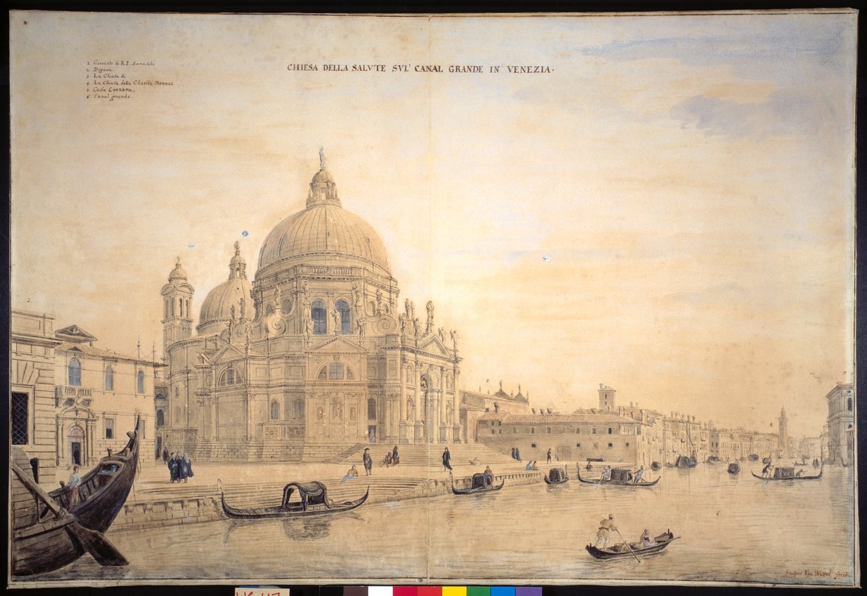 Chiesa della Salute, Canal Grande, Venetsia (kynä ja muste vesivärillä paperille) tekijältä Gaspar van Wittel