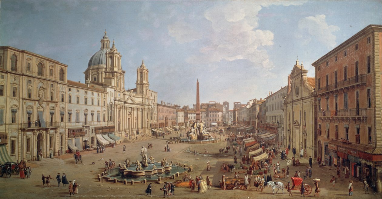 Näkymä Piazza Navonalle, Gaspar van Wittelin tai Gaspare Vanvitellin maalaus (1652 tai 1653-1736), öljy kankaalle, Italia tekijältä Gaspar van Wittel