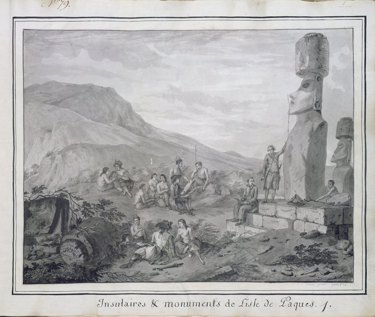 Pääsiäissaaren saarelaiset ja muistomerkit, 1786 (wc ja muste paperille) (katso myös BAL 72648) tekijältä Gaspard Duche de Vancy