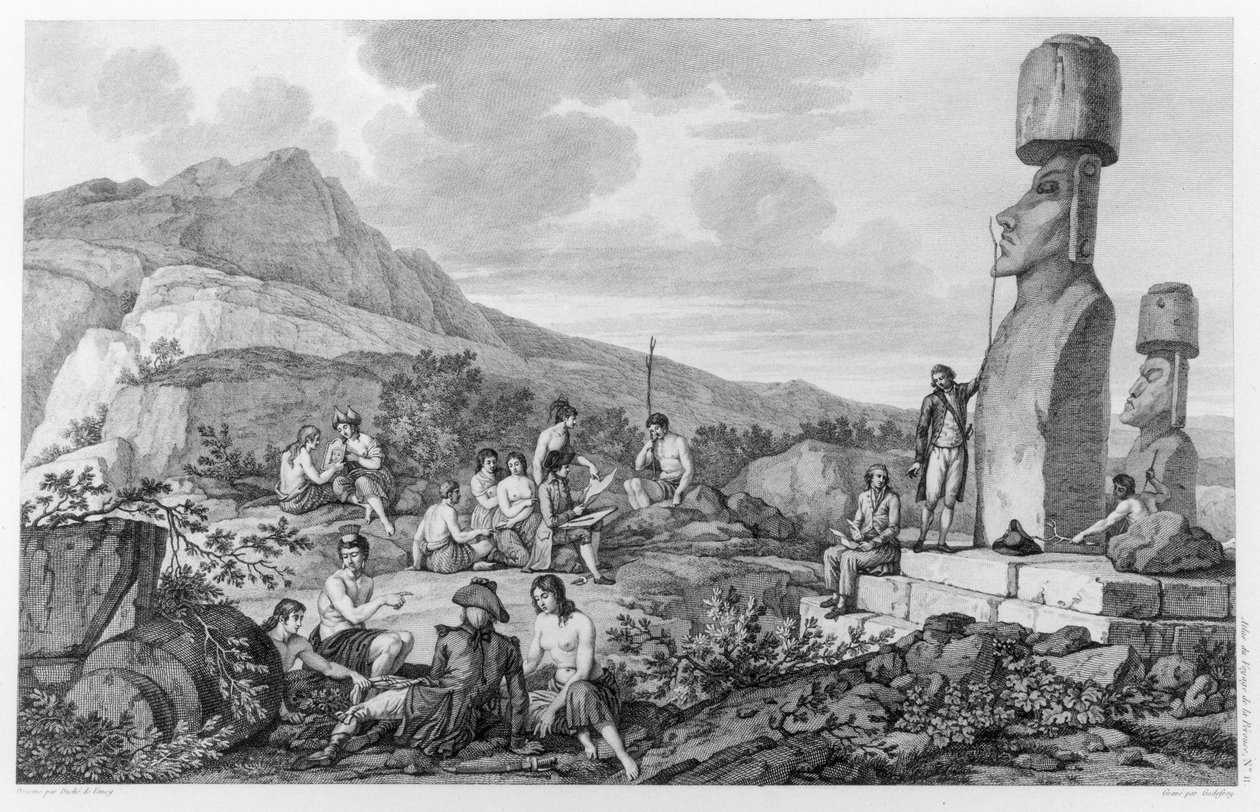 Pääsiäissaaren saarelaiset ja muistomerkit, levy 11 Atlas de Voyage de La Perousesta, 1785-88 tekijältä Gaspard Duche de Vancy
