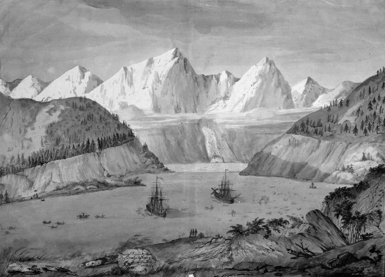 Le Port des Francais, Alaska, "Voyage de La Perouse", heinäkuu 1786 (kynä ja muste ja pese paperille) (katso myös 375728) tekijältä Gaspard Duche de Vancy