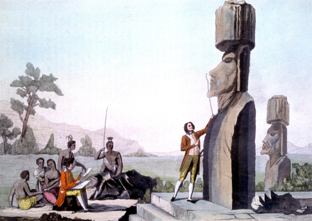 La Perouse com sua tripulação, medindo as estátuas na Ilha de Páscoa (1786), gravura finlandesa tekijältä Gaspard (after) Duche de Vancy
