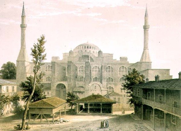 Haghia Sophia, levy 16: pääjulkisivu, kaiverrus Louis Haghe (1806-85), julkaistu 1852 (litho) tekijältä Gaspard (after) Fossati