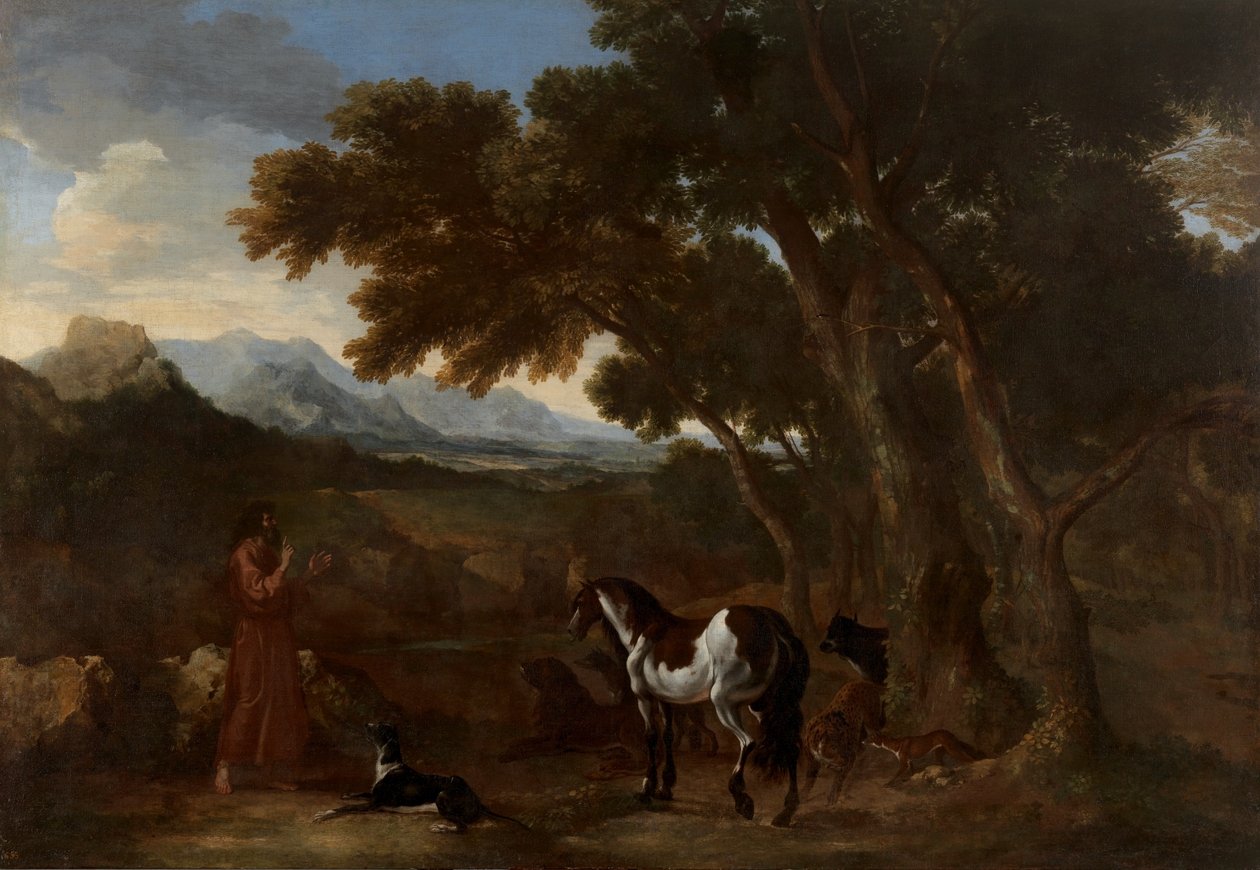 Dughet - Maisema, jossa erakko saarnaa eläimille, 1637 - 1638 tekijältä Gaspard Dughet