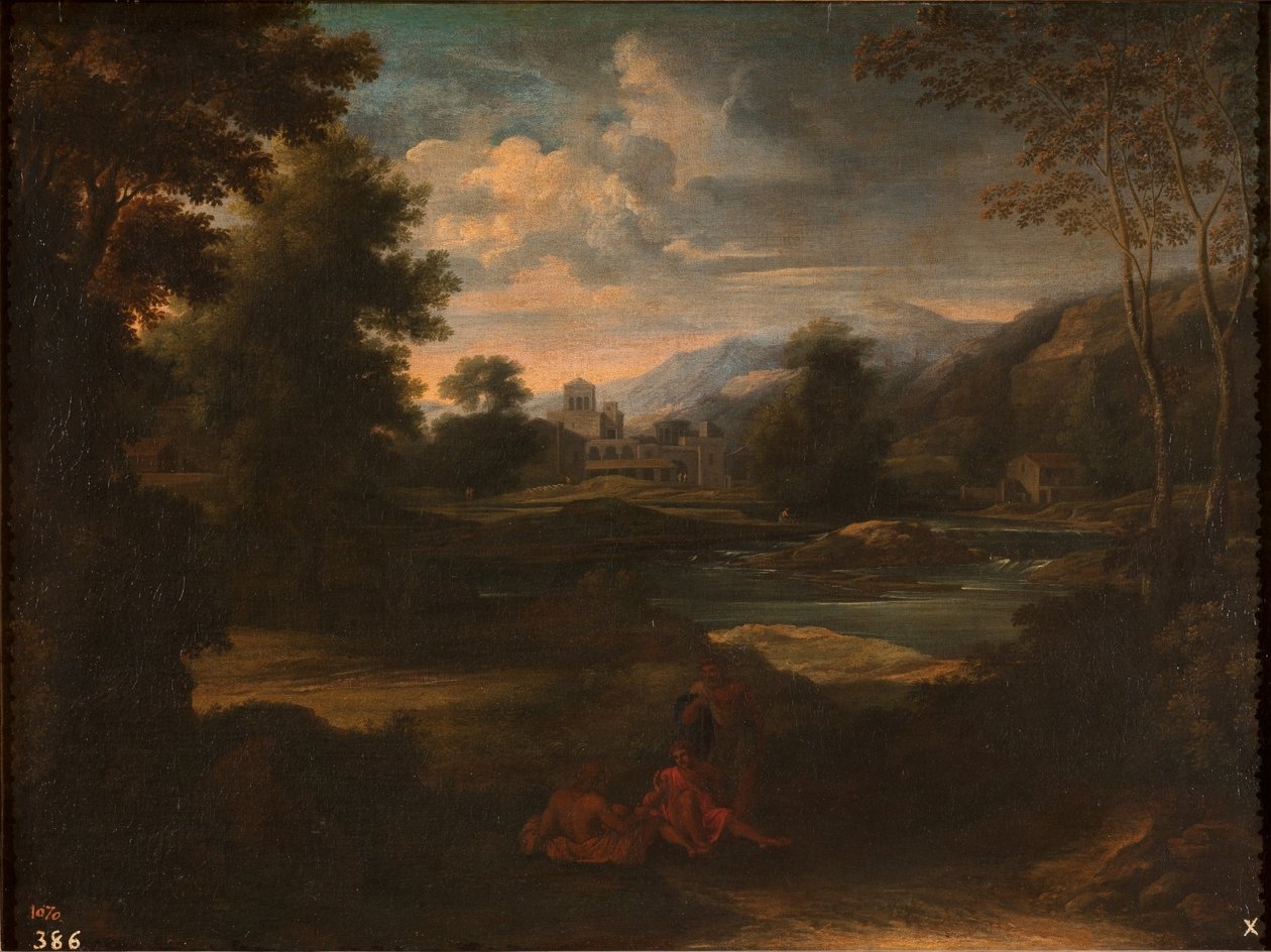 Dughet - Maisema, jossa on kolme hahmoa, 1648 - 1650 tekijältä Gaspard Dughet