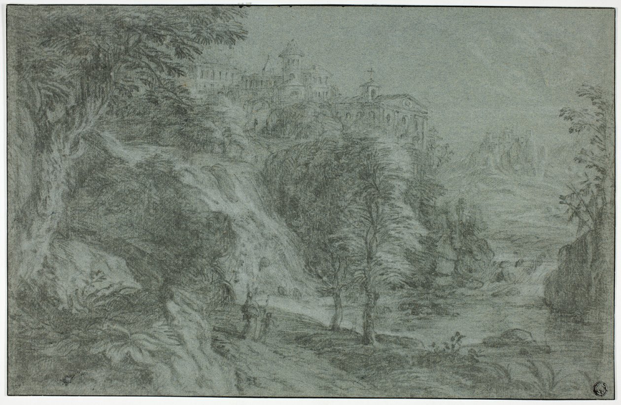 Italianate maisema ja kirkko kalliolla tekijältä Gaspard Dughet