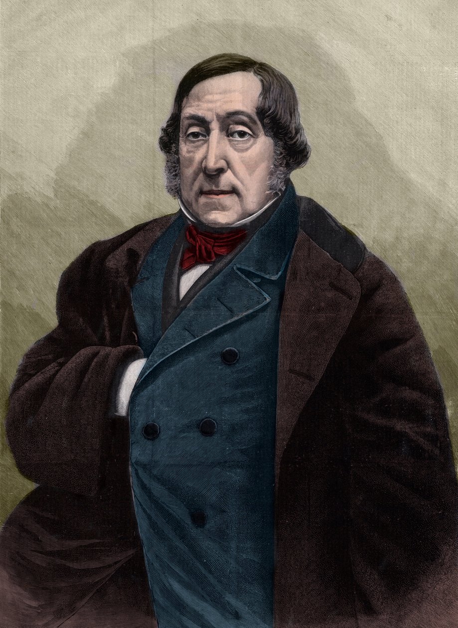 Muotokuva Gioachino (Gioacchino) Rossinista (1792-1868), italialainen säveltäjä, kaiverrus Nadarin valokuvauksen jälkeen. tekijältä Gaspard Felix Tournachon Nadar