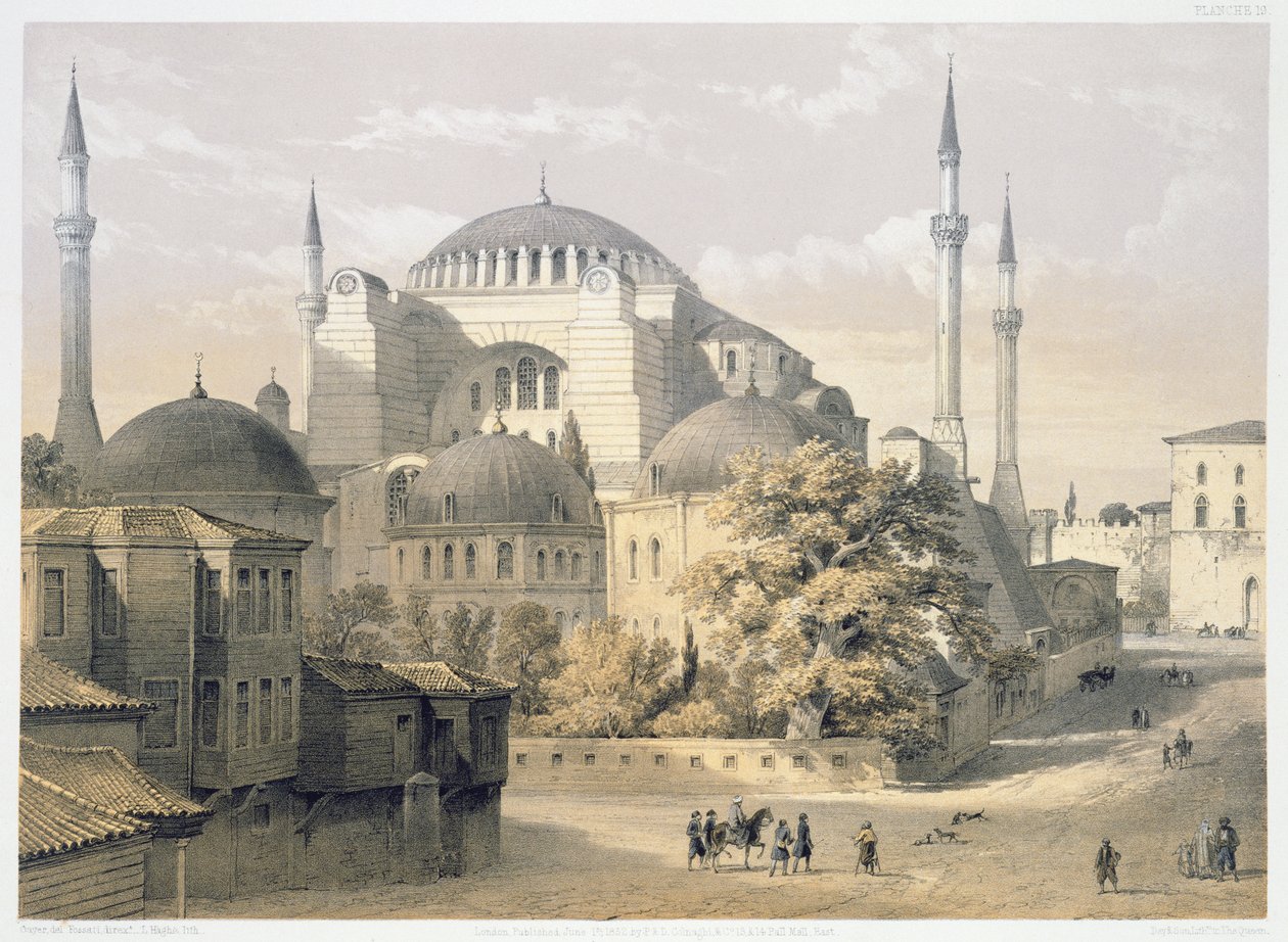 Hagia Sophia, levy 19: moskeijan ulkokuva, kaiverrettu Louis Haghe (1806-85), julkaistu 1852 tekijältä Gaspard Fossati