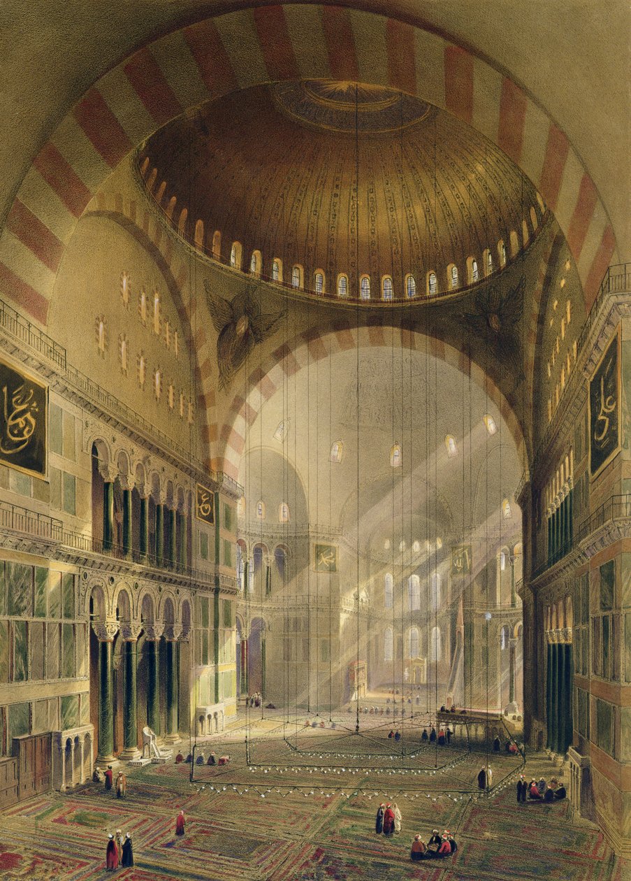 Hagia Sofia, levy 24: keskikupolin sisäpuoli alaslasketuilla kattokruunuilla, kaiverrettu Louis Haghe (1806-85), julkaistu 1852 tekijältä Gaspard Fossati