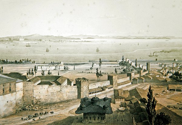 Panoraama Konstantinopolin muureista, levy 23 "Aya Sofia Constantinopolista", kaiverrus Louis Haghe (1806-85) 1852 (väri litho) tekijältä Gaspard Fossati