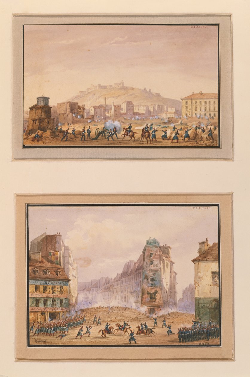 Hyökkäys Clos Saint-Lazareen kesäkuussa 1848 ja Barrikadin hyökkäys Faubourg Saint-Antoinen sisäänkäynnillä kenraali Francois de Negrierin (1839-1913) kuoleman jälkeen 25. kesäkuuta 1848 (gouach) tekijältä Gaspard Gobaut