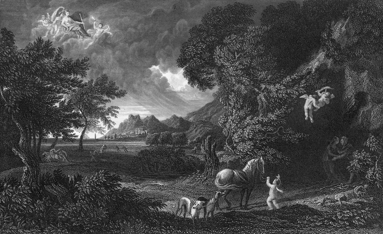 Dido ja Aeneas myrskyssä (kaiverrus) tekijältä Gaspard Poussin (after) Dughet