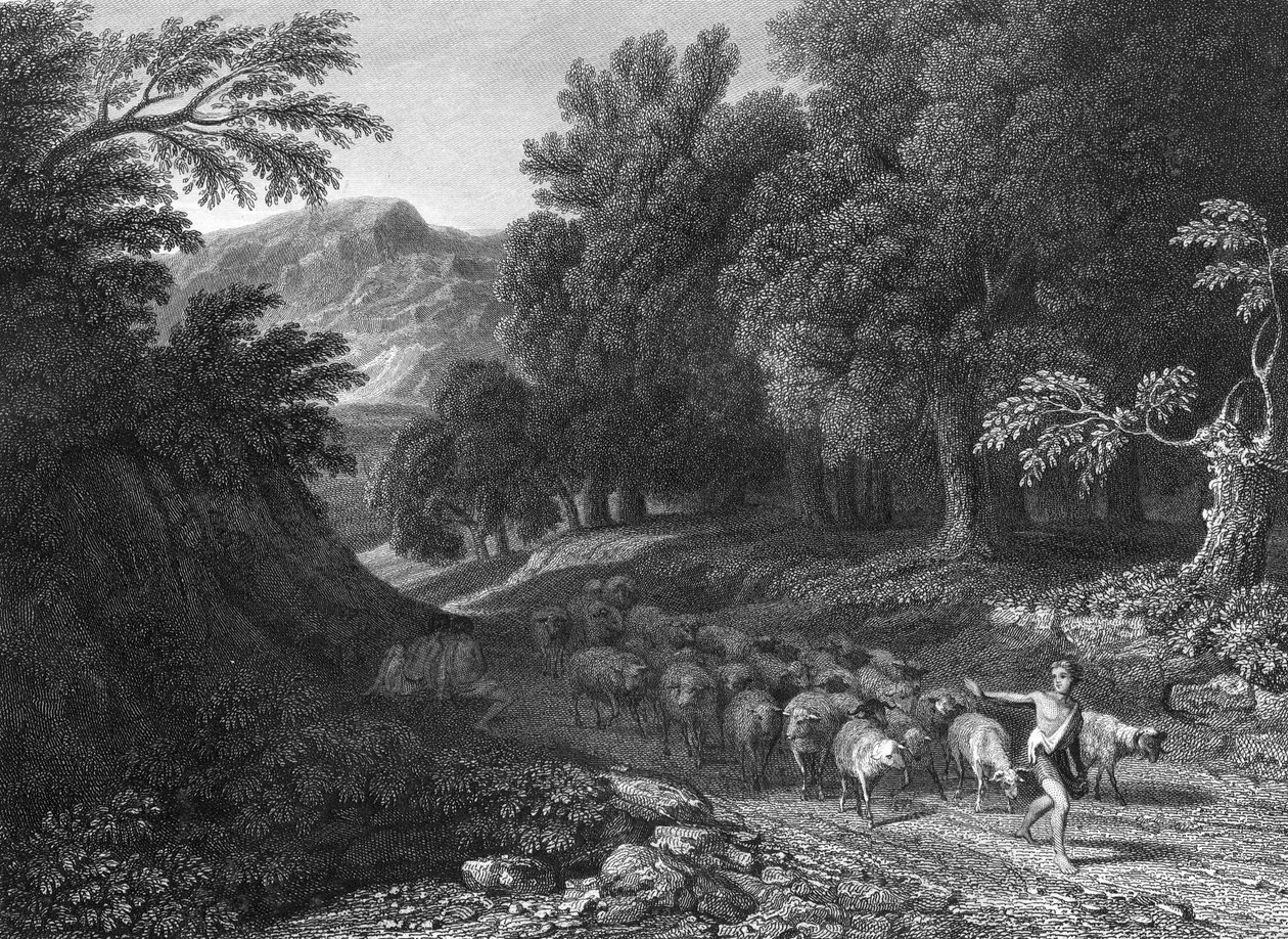 Maisema, jossa on paimen ja lauma (kaiverrus) (kaiverrus) tekijältä Gaspard Poussin (after) Dughet
