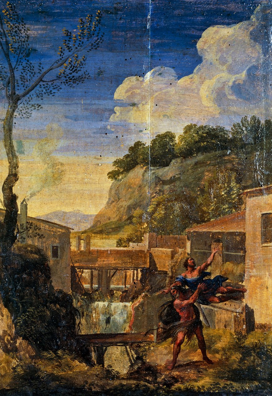 Maaseutu Herculesin ja Antaeuksen kanssa (öljy kankaalle) tekijältä Gaspard Poussin (school of) Dughet
