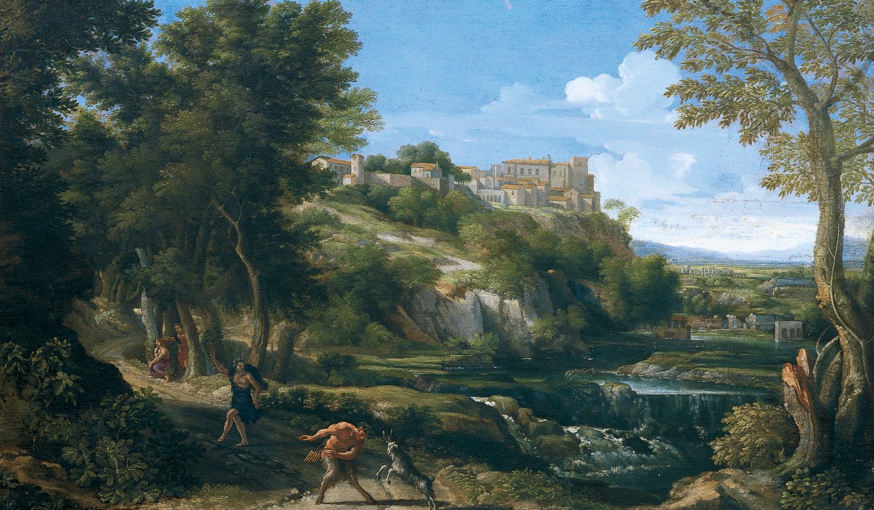 Maisema tanssiva faun ja nymfi 1667 - 1668, kirjoittanut Gaspard Dughet (1615-1675) tekijältä Gaspard Poussin Dughet